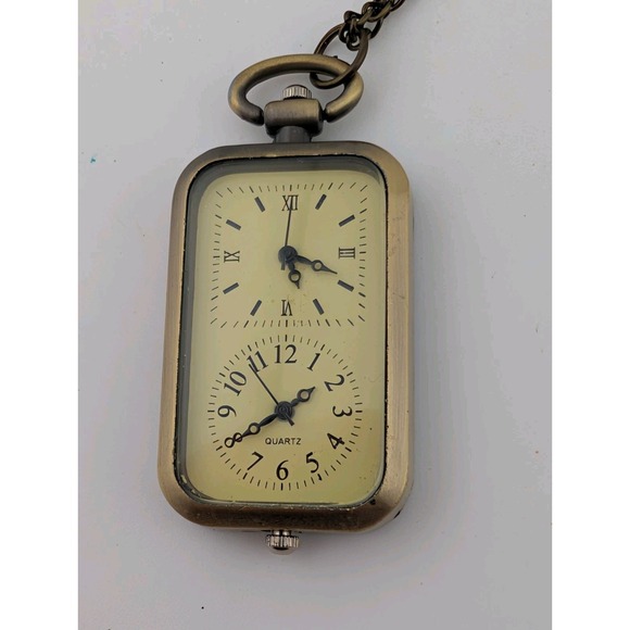 The Unbranded Brand Accessories - Bronze Tone Dual Time Quartz Analog Pendant Watch w/ Chain New Battery
